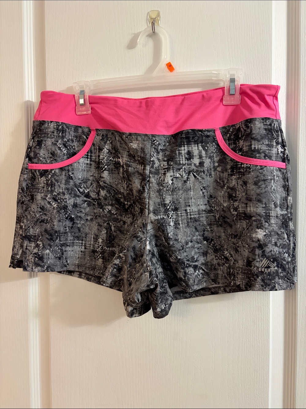 RBX Women’s Gray-Black Patterned Athletic Shorts with Pink Waistband